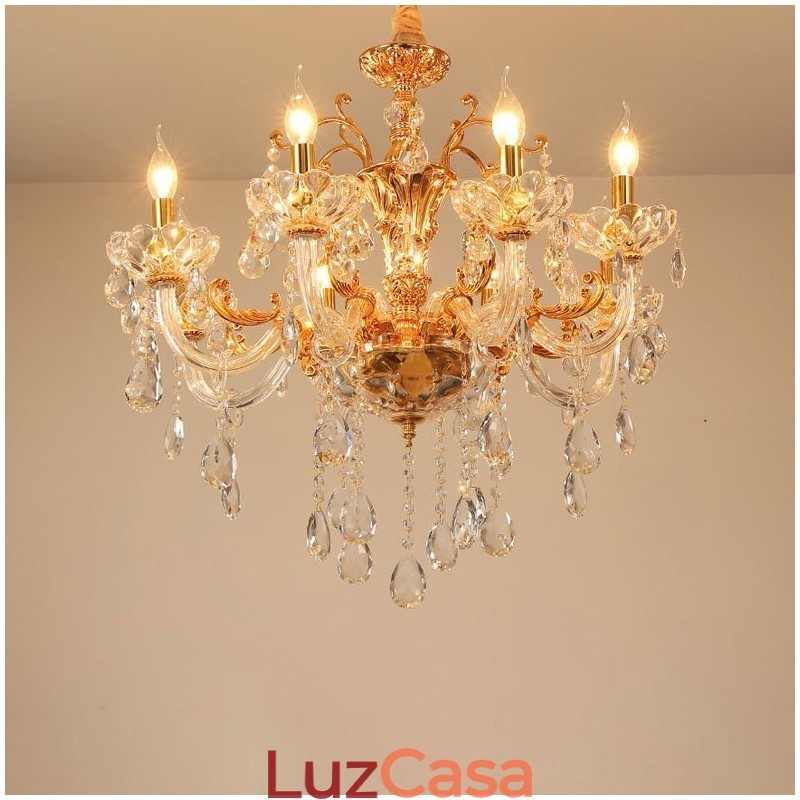 Lustre de cristal de luxo dourado com 6 luzes e 8 luzes