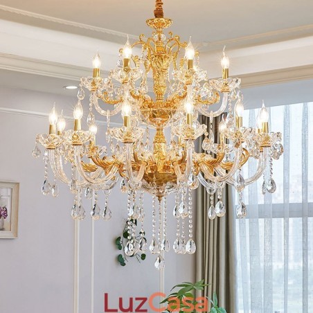 Lustre de vela de cristal de luxo dourado de duas camadas com 18 luzes Lustre de vela de cristal de luxo dourado de duas camadas com 18 luzes