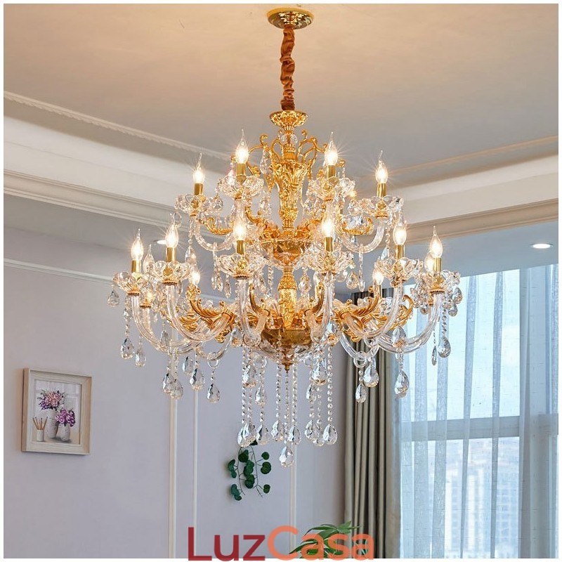Lustre de vela de cristal de luxo dourado de duas camadas com 18 luzes