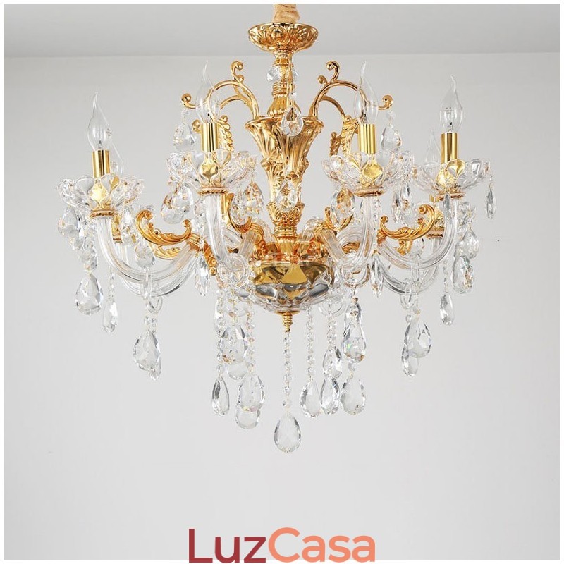 Lustre de vela de cristal de luxo dourado de duas camadas com 18 luzes