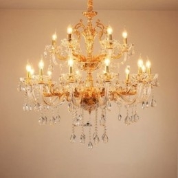 Lustre de vela de cristal de luxo dourado de duas camadas com 18 luzes