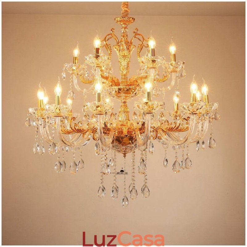 Lustre de vela de cristal de luxo dourado de duas camadas com 18 luzes