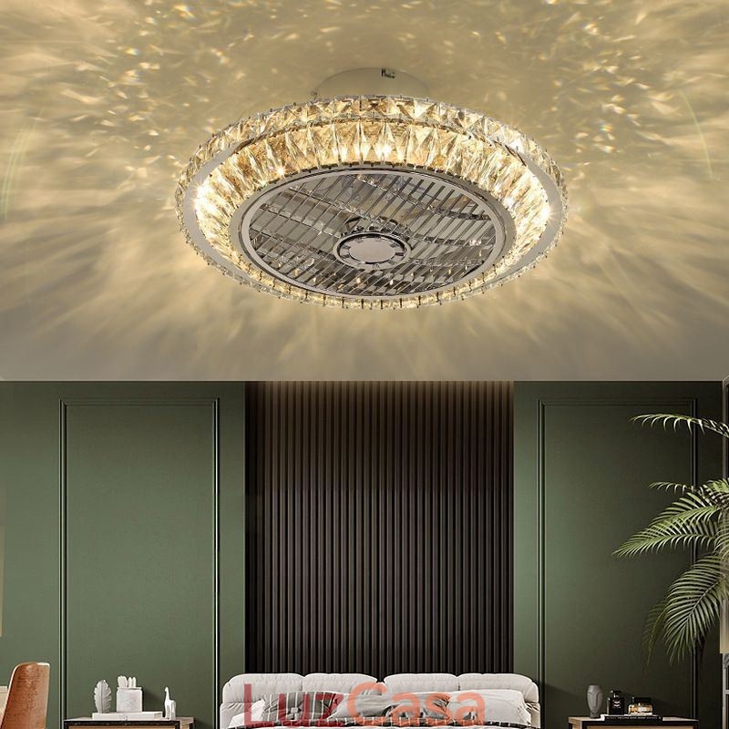 Ventilador de teto de cristal Luz dourada Lâmpada de teto redonda