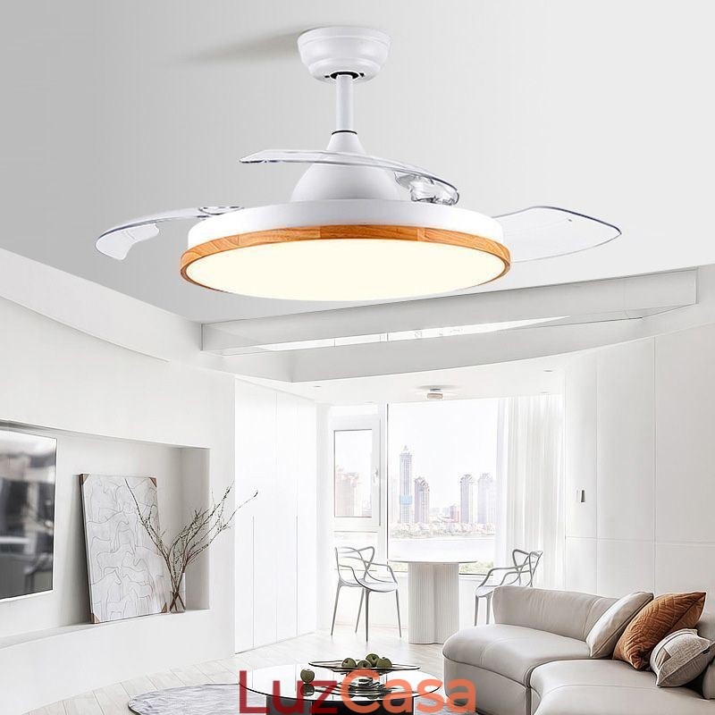 Ventilador de teto inversor moderno com controle remoto, lâmpada de teto tricolor com escurecimento