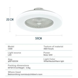 Ventilador de teto Luz tricromática Dimerização 3 velocidades Controle remoto