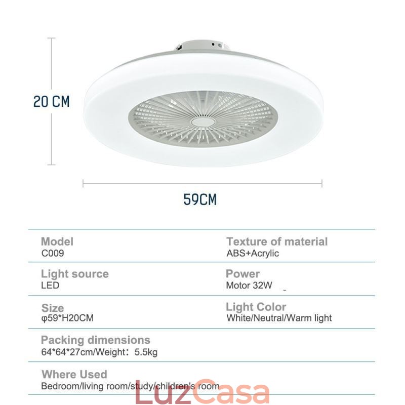 Ventilador de teto Luz tricromática Dimerização 3 velocidades Controle remoto