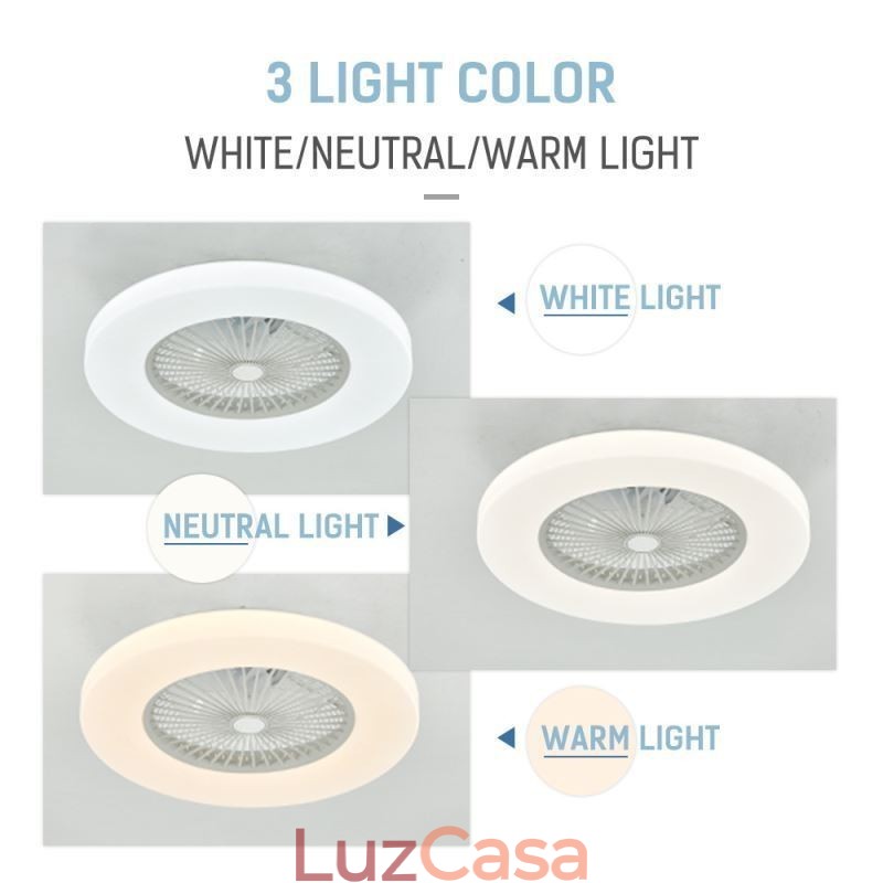 Ventilador de teto Luz tricromática Dimerização 3 velocidades Controle remoto