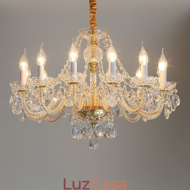 Lustre de cristal transparente europeu corpo dourado luxo decorativo luz de teto