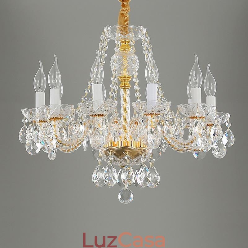 Lustre de cristal transparente europeu corpo dourado luxo decorativo luz de teto