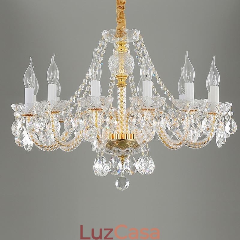 Lustre de cristal transparente europeu corpo dourado luxo decorativo luz de teto