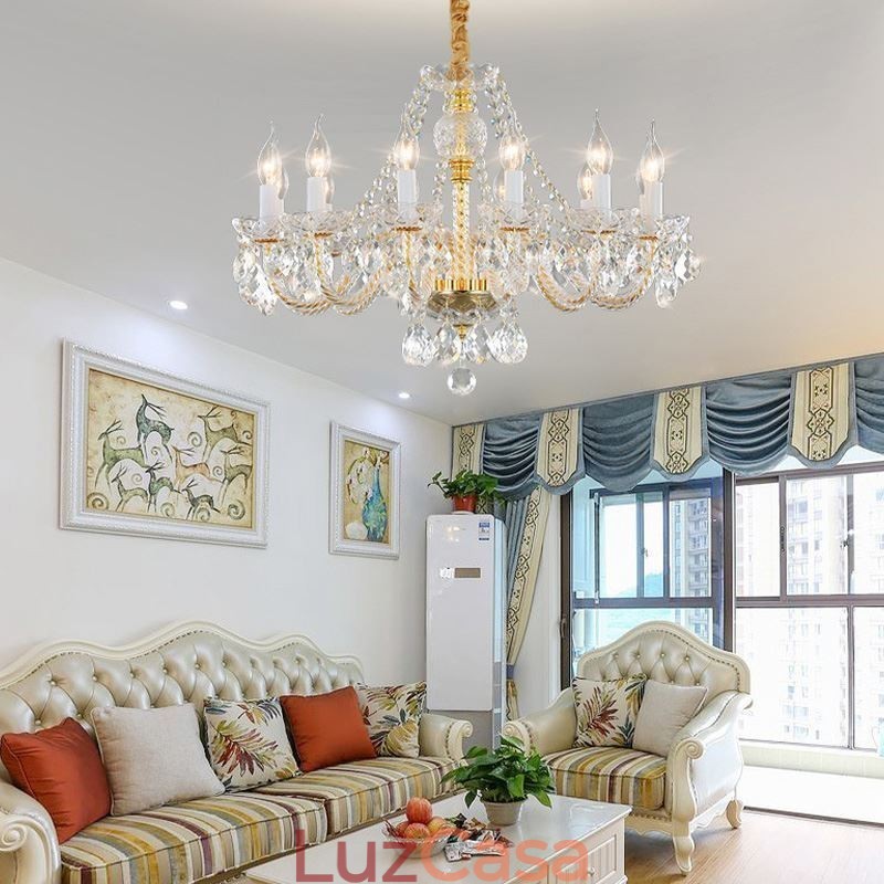Lustre de cristal transparente europeu corpo dourado luxo decorativo luz de teto