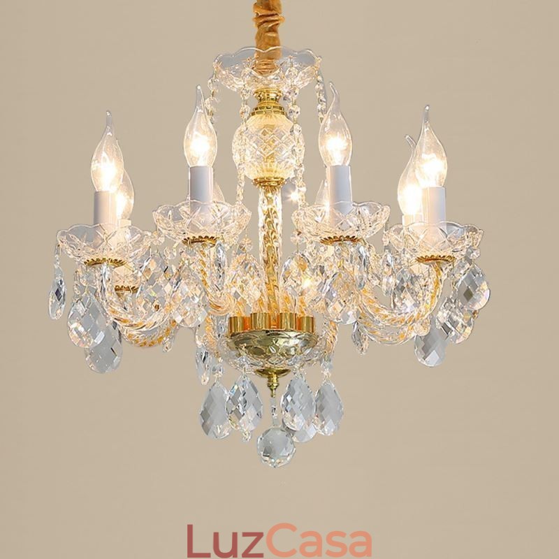 Lustre de cristal transparente europeu, corpo de lâmpada de vidro, 8 luzes, corpo dourado, lâmpada de teto