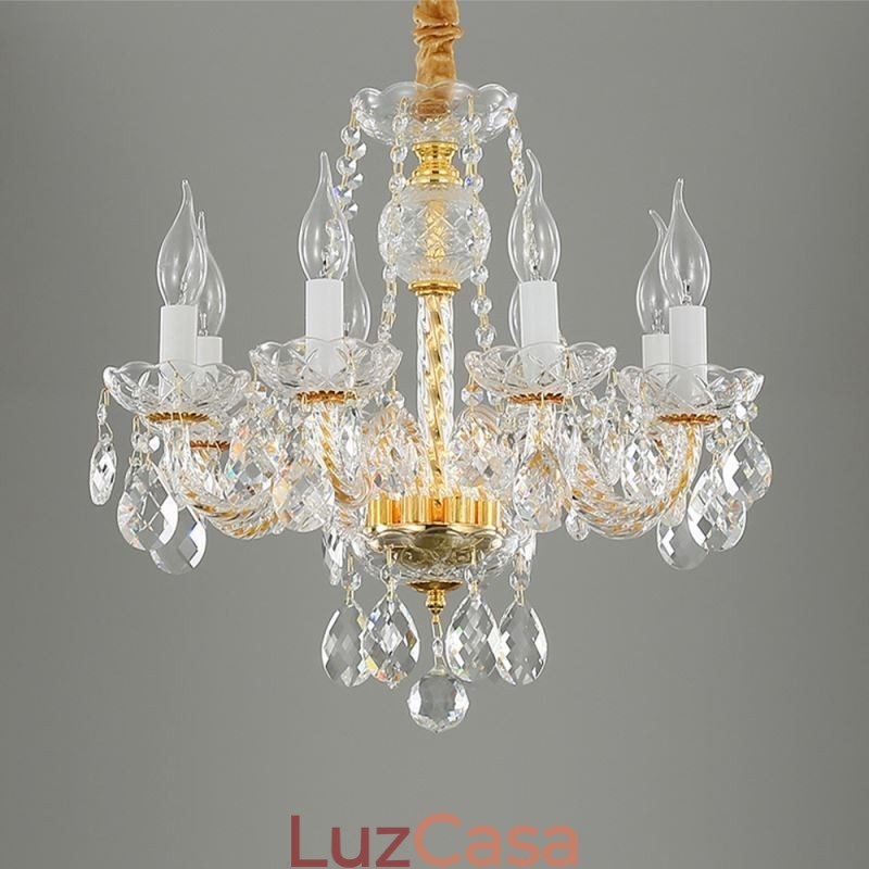 Lustre de cristal transparente europeu, corpo de lâmpada de vidro, 8 luzes, corpo dourado, lâmpada de teto