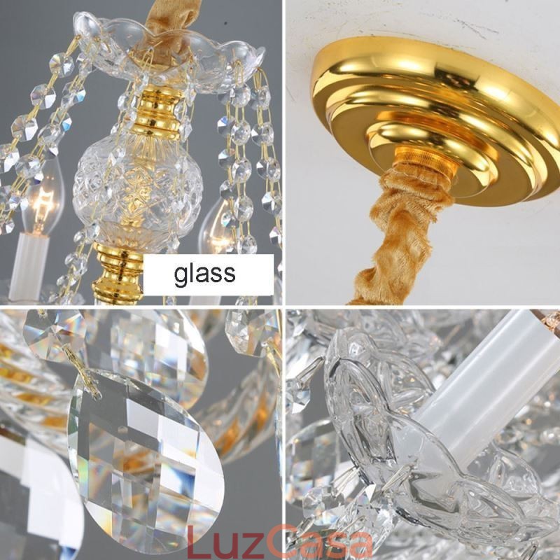 Lustre de cristal transparente europeu, corpo de lâmpada de vidro, 8 luzes, corpo dourado, lâmpada de teto