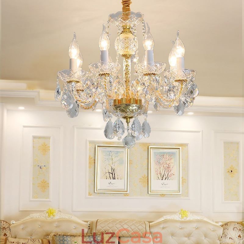 Lustre de cristal transparente europeu, corpo de lâmpada de vidro, 8 luzes, corpo dourado, lâmpada de teto