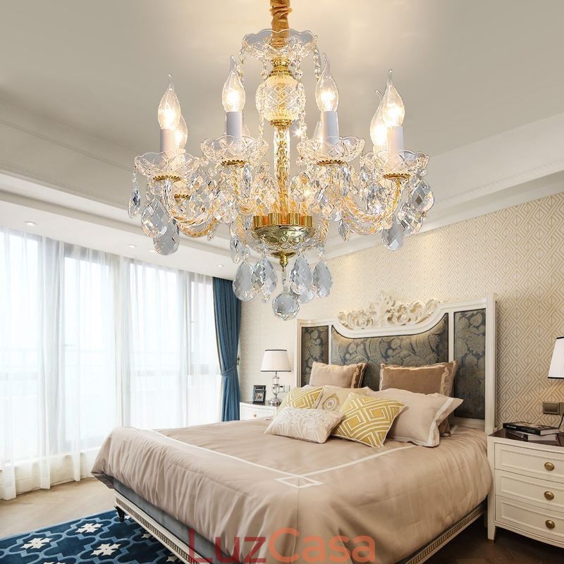 Lustre de cristal transparente europeu, corpo de lâmpada de vidro, 8 luzes, corpo dourado, lâmpada de teto