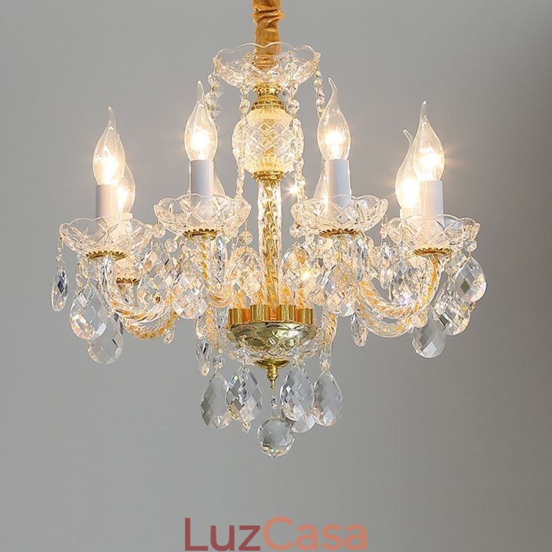 Lustre de cristal transparente europeu, corpo de lâmpada de vidro, 8 luzes, corpo dourado, lâmpada de teto
