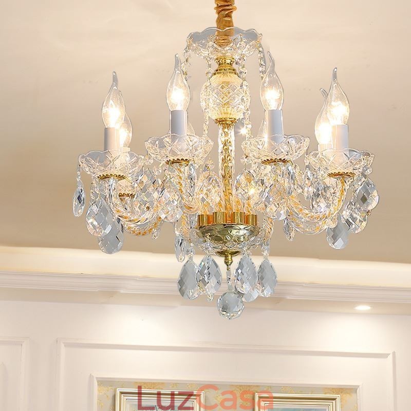 Lustre de cristal transparente europeu, corpo de lâmpada de vidro, 8 luzes, corpo dourado, lâmpada de teto