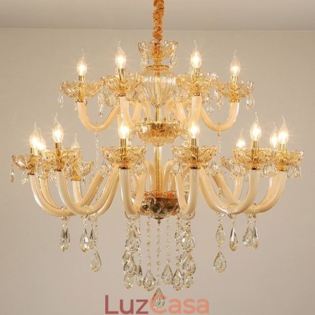 Elegante lustre de cristal europeu cor conhaque luz de teto corpo de vidro camada dupla 12 + 6 luzes Elegante lustre de cristal europeu cor conhaque luz de teto corpo de vidro camada dupla 12 + 6 luzes