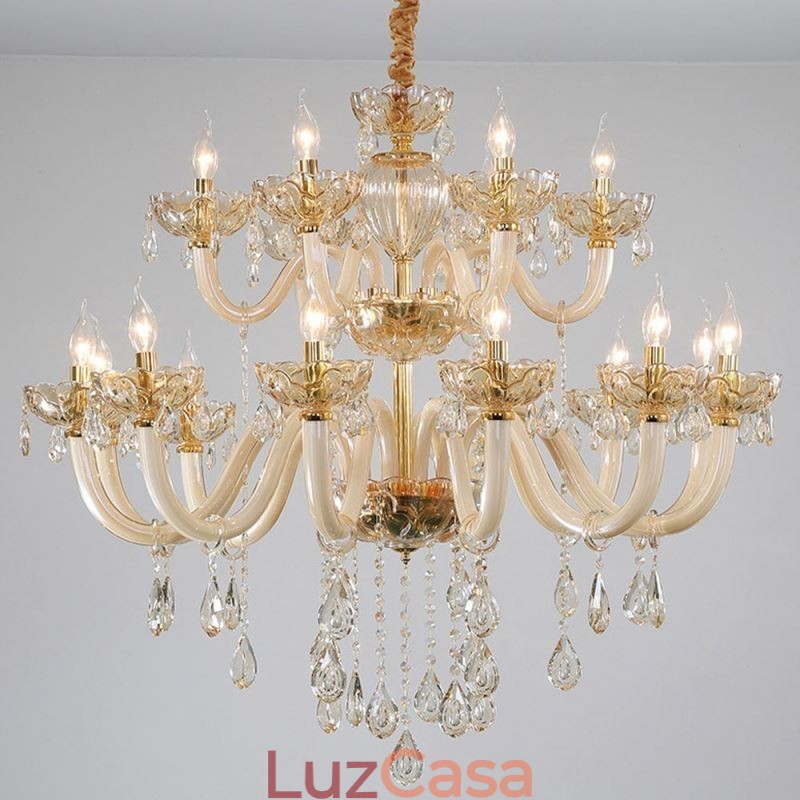 Elegante lustre de cristal europeu cor conhaque luz de teto corpo de vidro camada dupla 12 + 6 luzes