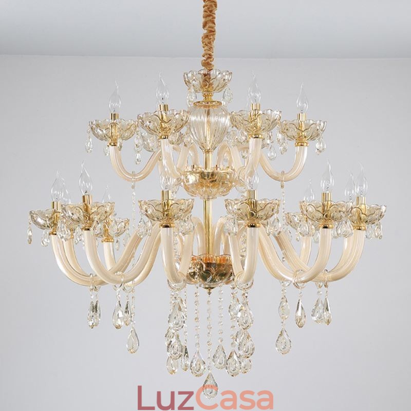 Elegante lustre de cristal europeu cor conhaque luz de teto corpo de vidro camada dupla 12 + 6 luzes