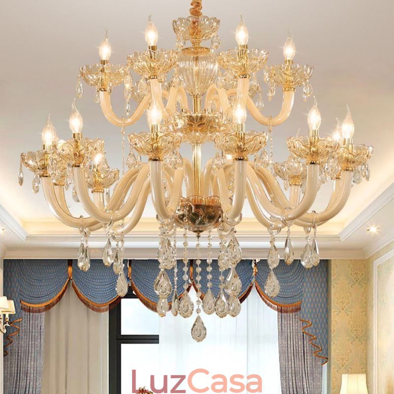 Elegante lustre de cristal europeu cor conhaque luz de teto corpo de vidro camada dupla 12 + 6 luzes