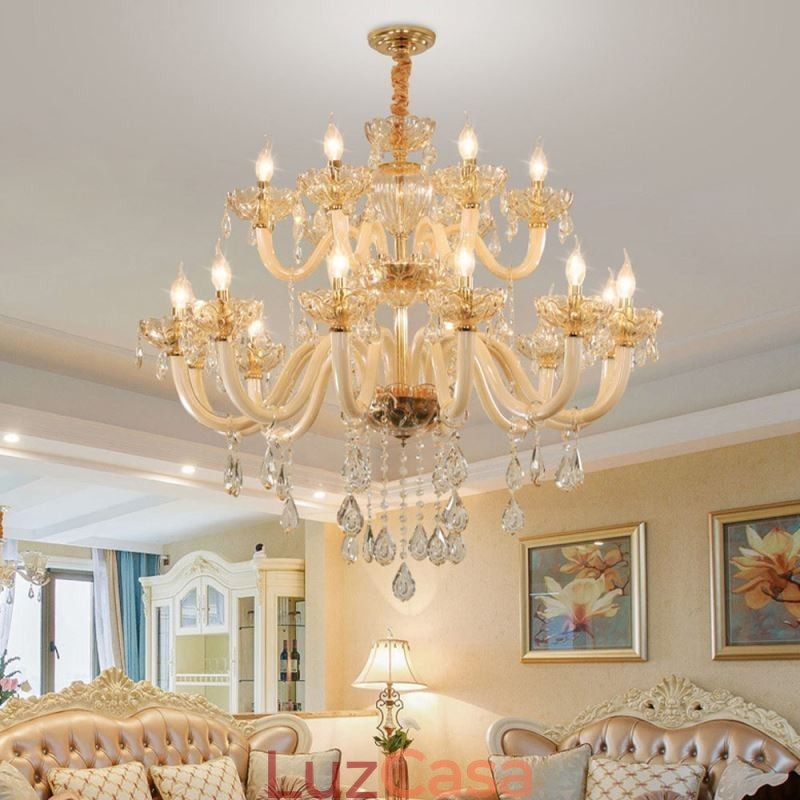 Elegante lustre de cristal europeu cor conhaque luz de teto corpo de vidro camada dupla 12 + 6 luzes