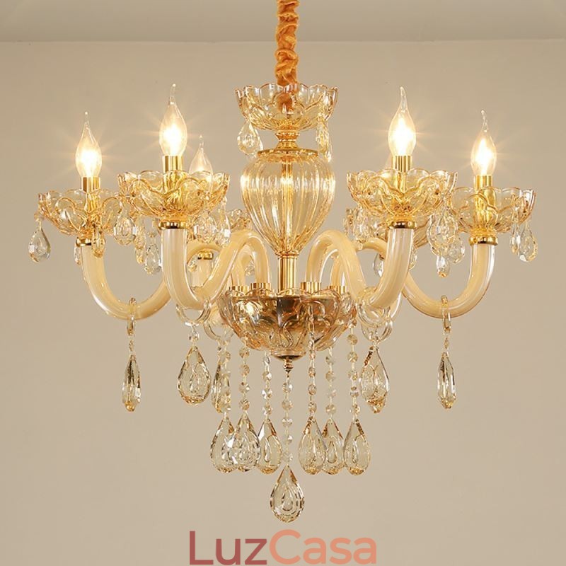 Lindo lustre de cristal europeu cor conhaque luz de teto corpo de vidro 8 luzes