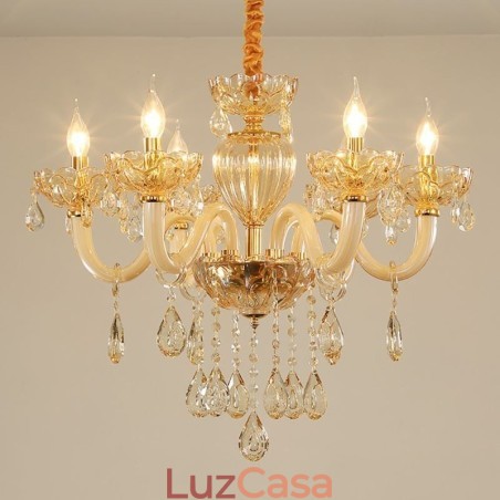 Lindo lustre de cristal europeu cor conhaque luz de teto corpo de vidro 8 luzes Lindo lustre de cristal europeu cor conhaque luz de teto corpo de vidro 8 luzes