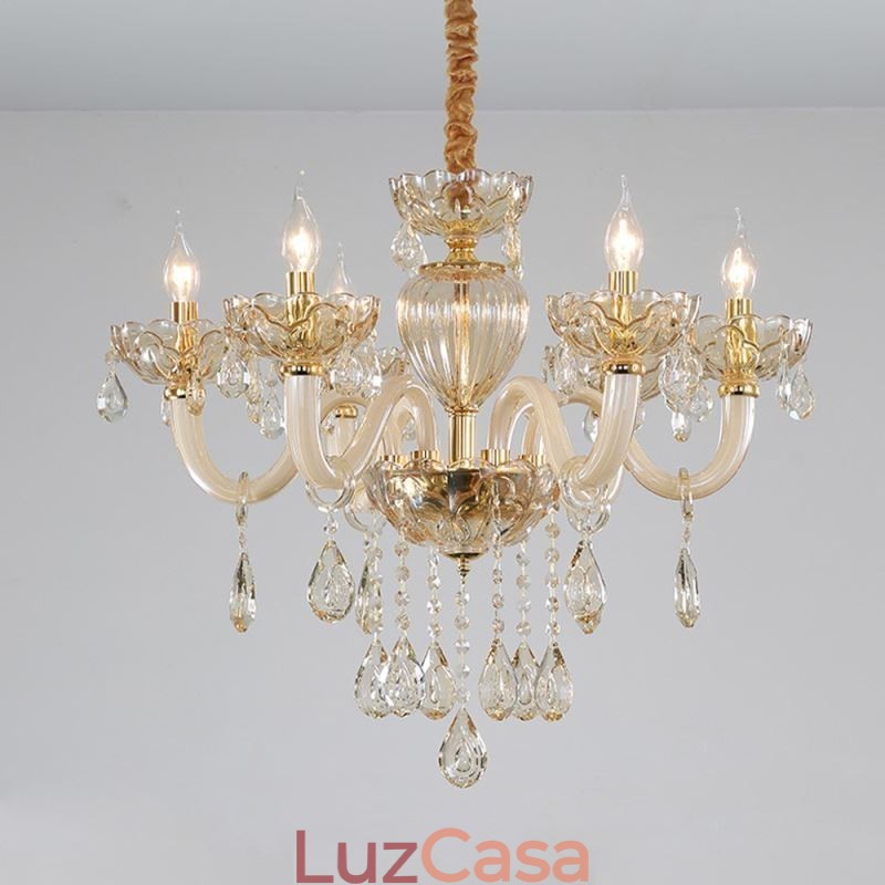 Lindo lustre de cristal europeu cor conhaque luz de teto corpo de vidro 8 luzes