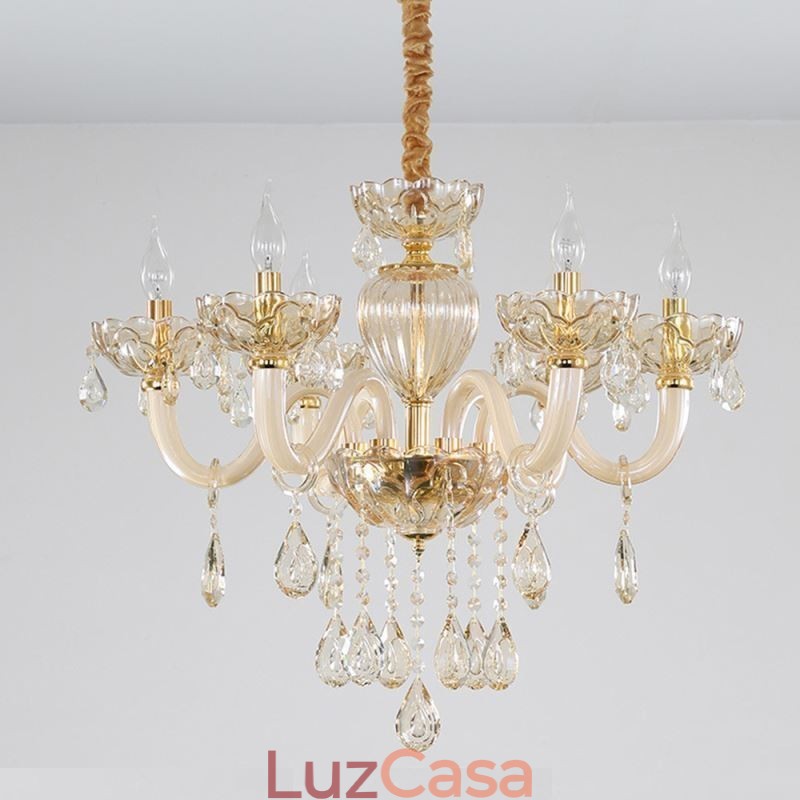 Lindo lustre de cristal europeu cor conhaque luz de teto corpo de vidro 8 luzes