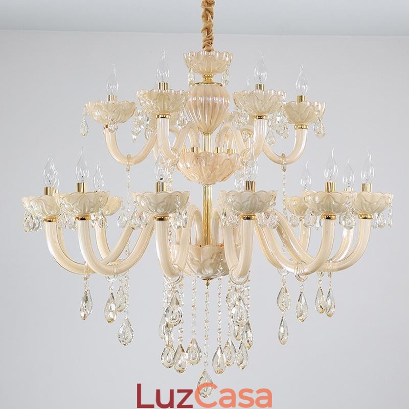Lustre de cristal luxuoso europeu cor conhaque lâmpada de teto corpo de vidro camada dupla 12 + 6 luzes