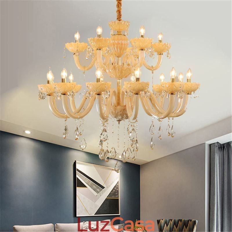 Lustre de cristal luxuoso europeu cor conhaque lâmpada de teto corpo de vidro camada dupla 12 + 6 luzes