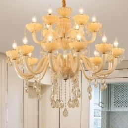 Lustre de cristal luxuoso europeu cor conhaque lâmpada de teto corpo de vidro camada dupla 12 + 6 luzes