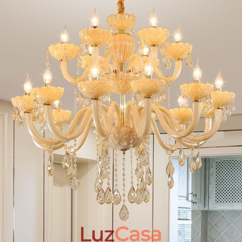 Lustre de cristal luxuoso europeu cor conhaque lâmpada de teto corpo de vidro camada dupla 12 + 6 luzes