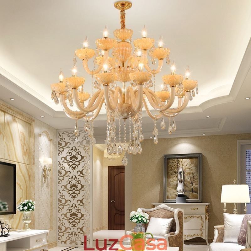Lustre de cristal luxuoso europeu cor conhaque lâmpada de teto corpo de vidro camada dupla 12 + 6 luzes