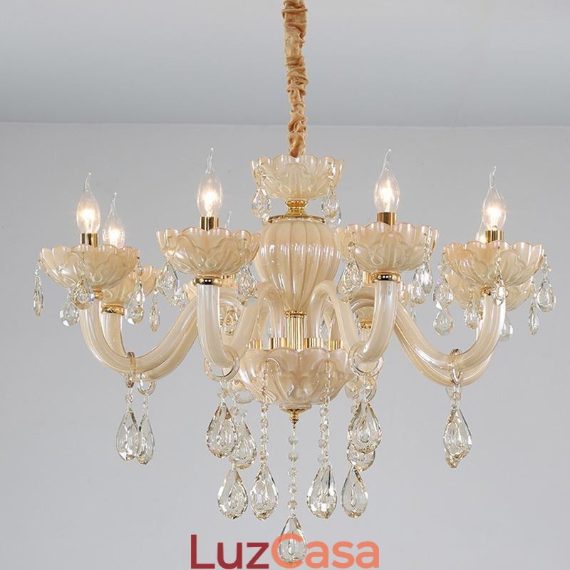 Atraente lustre de cristal europeu cor conhaque luminária de teto corpo de vidro 8 luzes