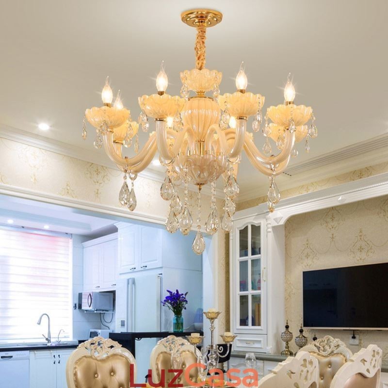 Atraente lustre de cristal europeu cor conhaque luminária de teto corpo de vidro 8 luzes