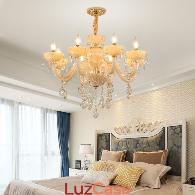 Atraente lustre de cristal europeu cor conhaque luminária de teto corpo de vidro 8 luzes