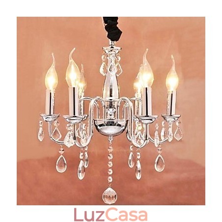 Luminária pendente de cristal com 6 luzes em formato de vela Luminária pendente de cristal com 6 luzes em formato de vela