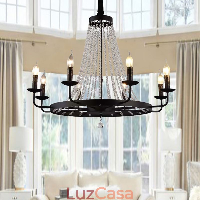 Lustre de vela de ferro preto com iluminação de pingente de cristal vintage