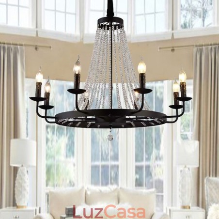 Lustre de vela de ferro preto com iluminação de pingente de cristal vintage