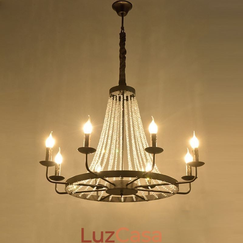 Lustre de vela de ferro preto com iluminação de pingente de cristal vintage