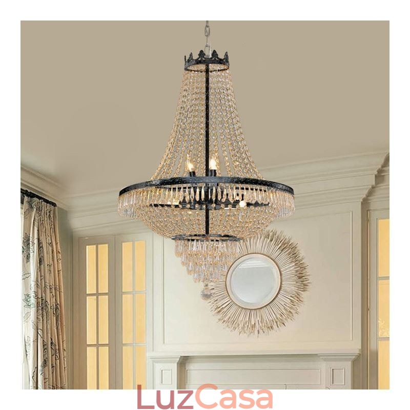 Lustre de cristal clássico estilo império preto luz pendente 9 luzes