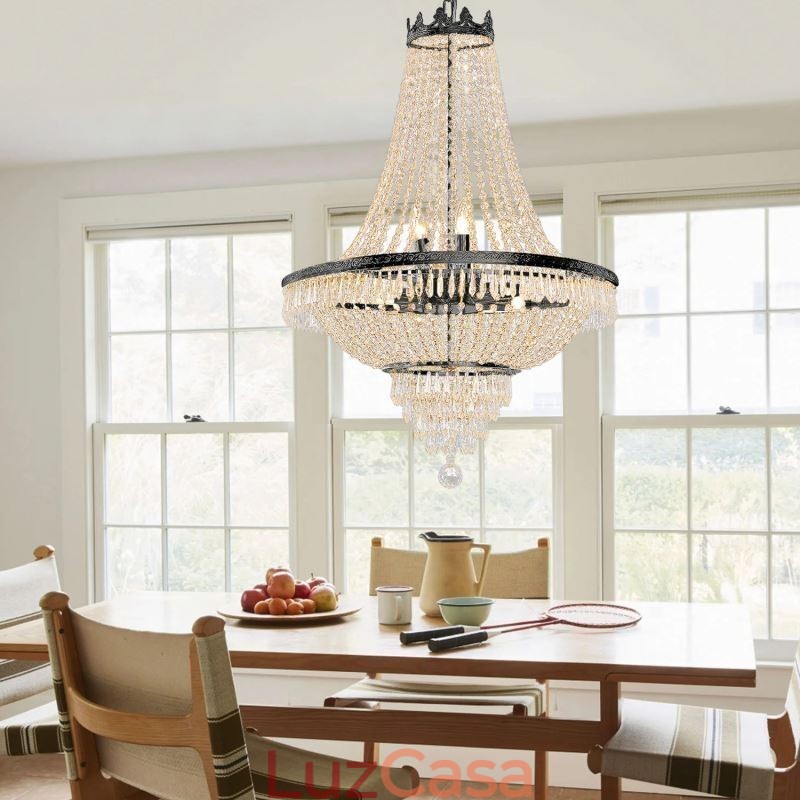 Lustre de cristal clássico estilo império preto luz pendente 9 luzes