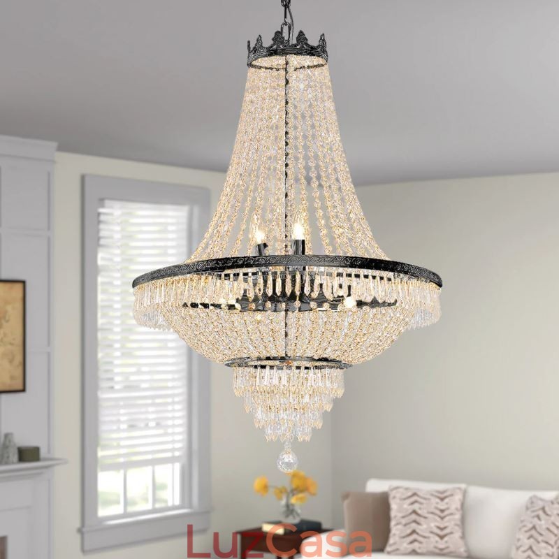 Lustre de cristal clássico estilo império preto luz pendente 9 luzes