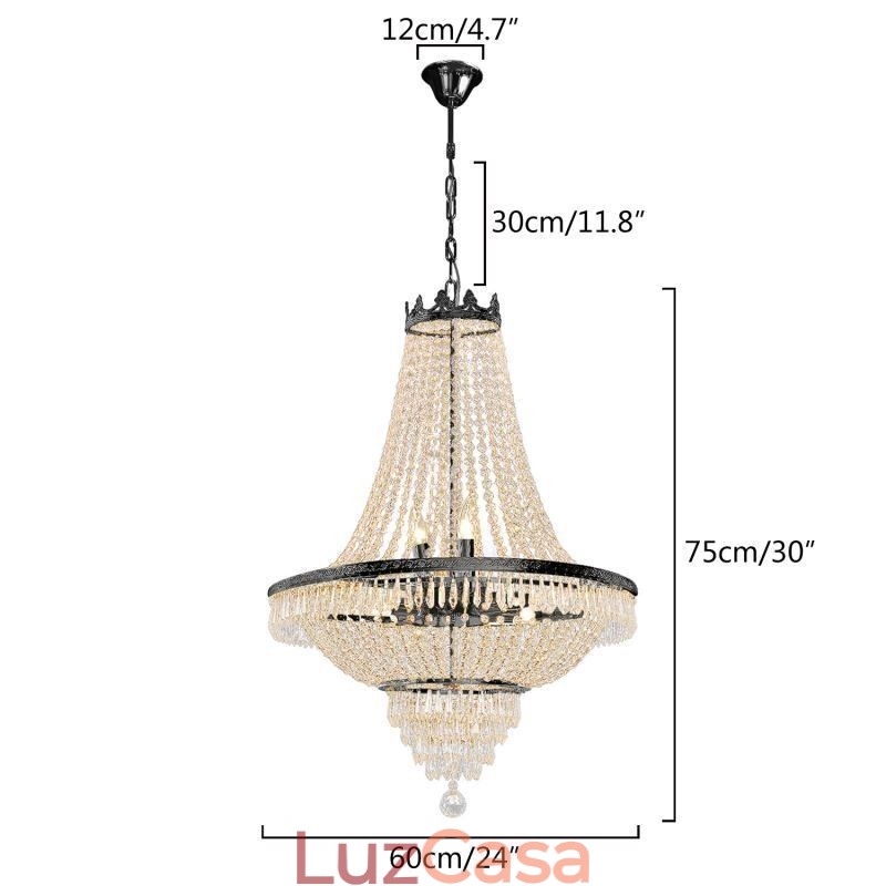 Lustre de cristal clássico estilo império preto luz pendente 9 luzes