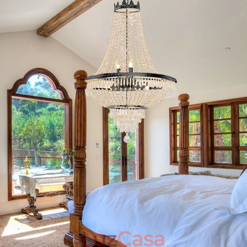 Lustre de cristal clássico estilo império preto luz pendente 9 luzes