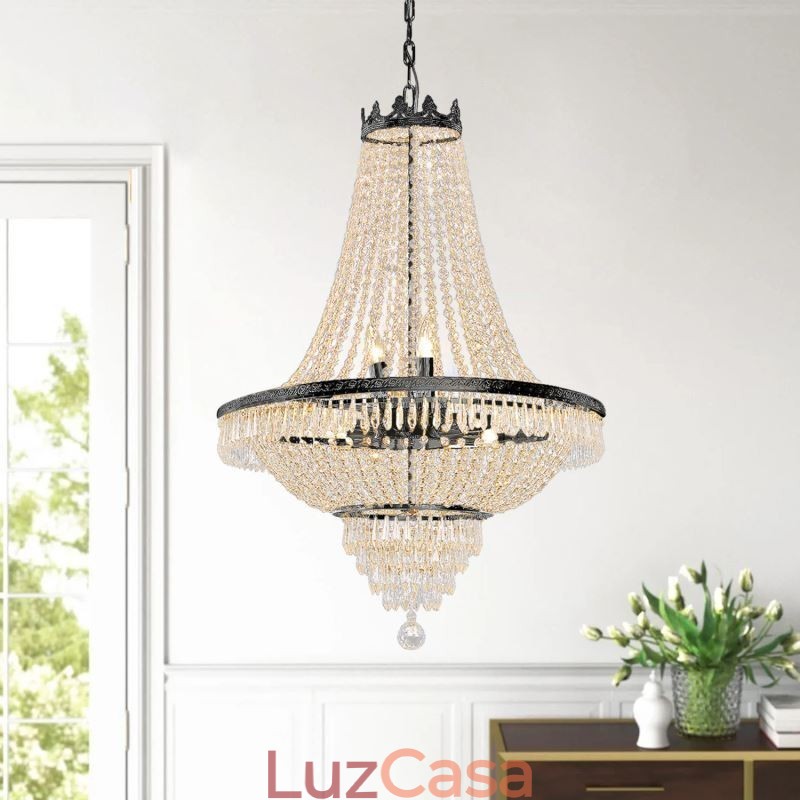 Lustre de cristal clássico estilo império preto luz pendente 9 luzes