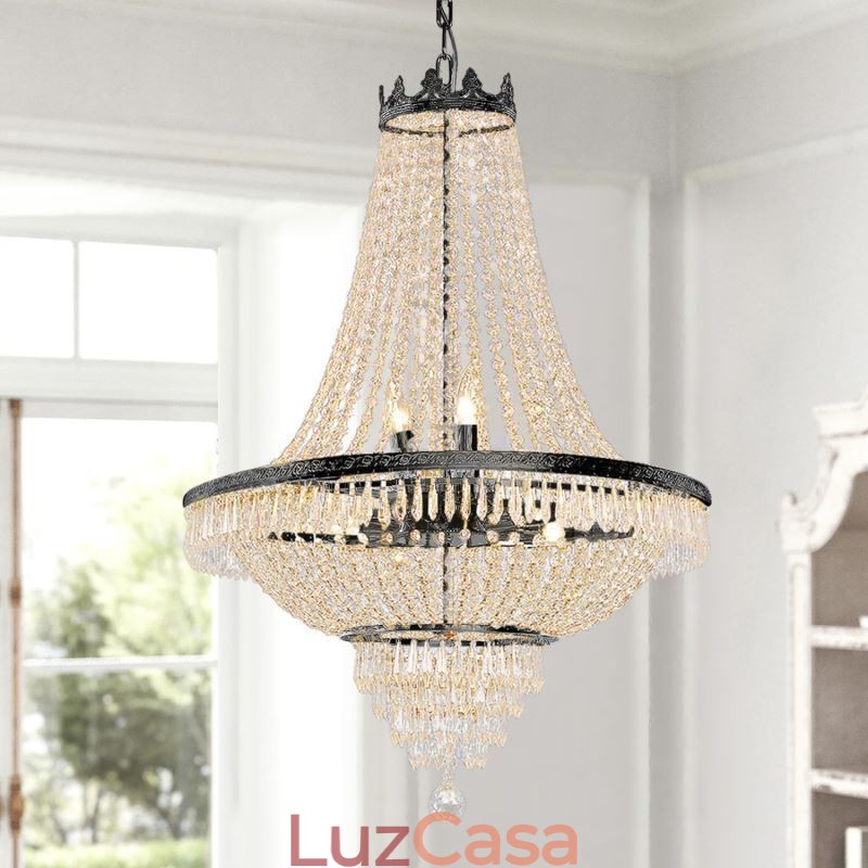 Lustre de cristal clássico estilo império preto luz pendente 9 luzes